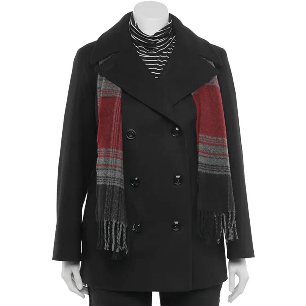 NEW $250 London Fog Tower Wool Peacoat Jacket! 3X Black Double Breasted Scarf